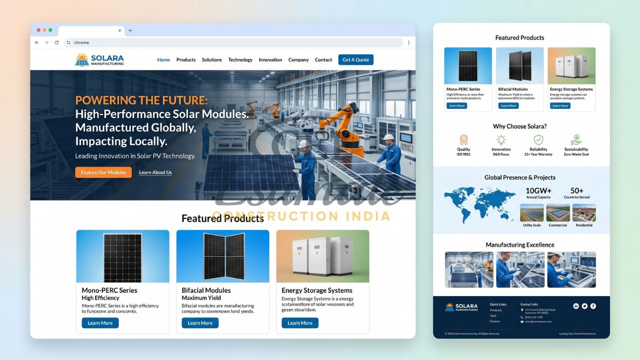 Solar manufacturing company website showing solar panel production, featured products, and global solar solutions