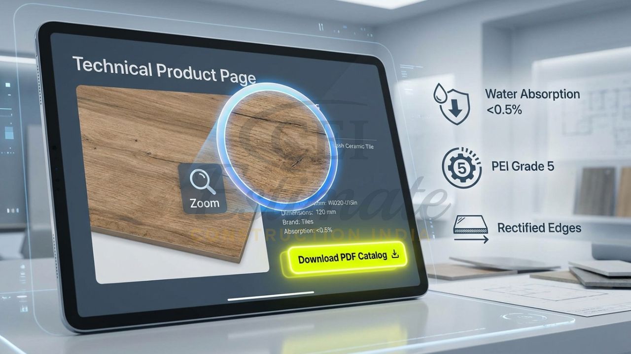 Tile manufacturer website product page with high-res texture zoom and technical specification sheets.