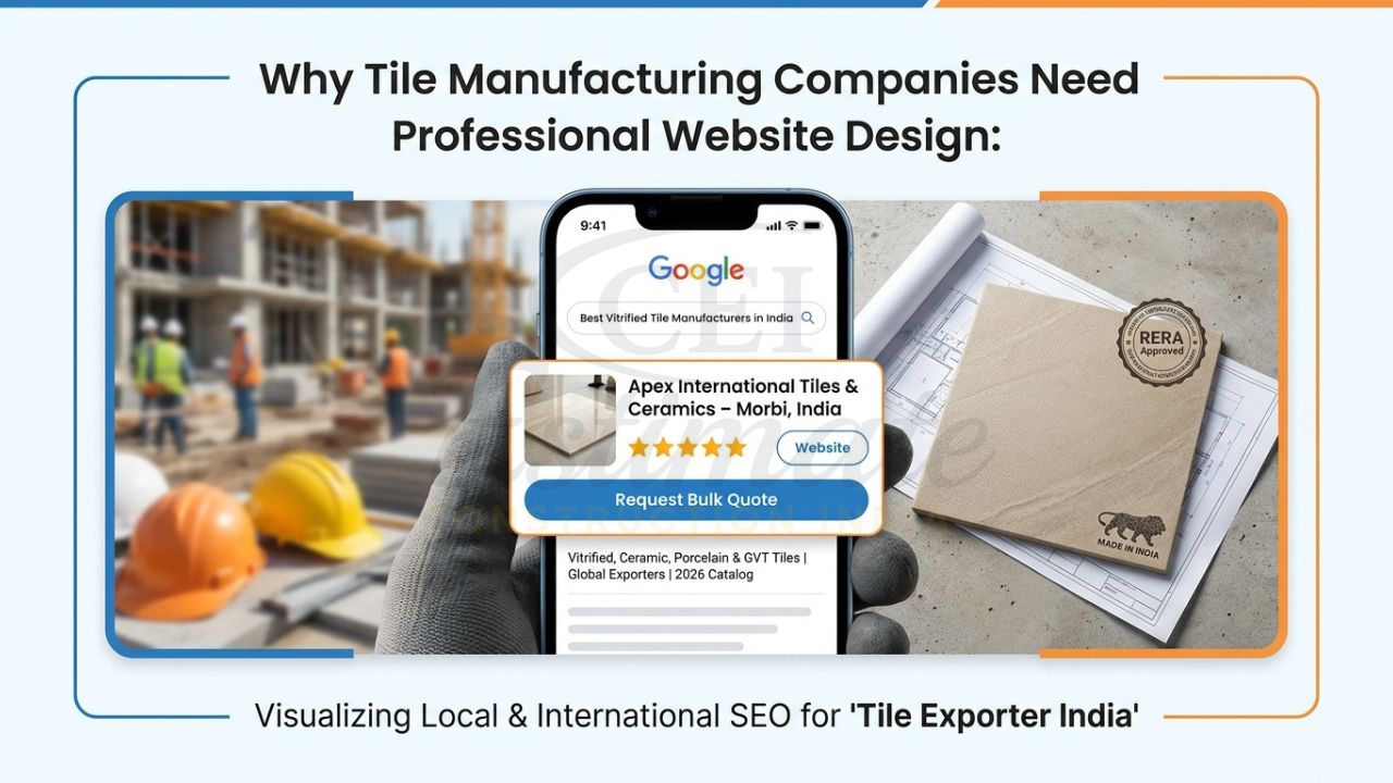 Google search results showing a tile manufacturer ranking #1 for B2B export keywords.