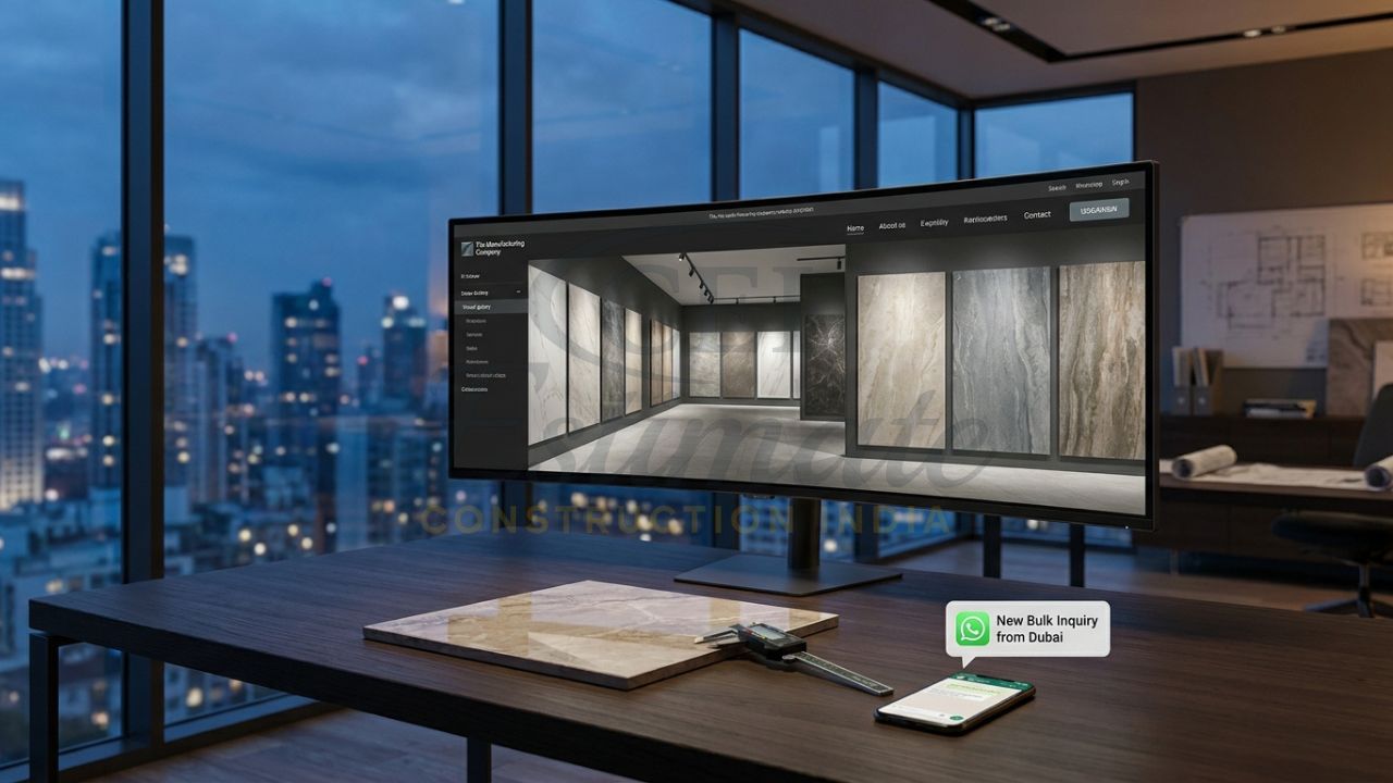 Professional website design for tile manufacturing company in India showcasing a global B2B product catalog.