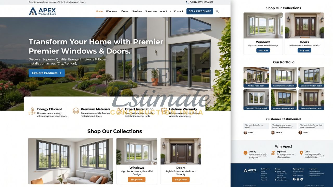 Windows and doors website homepage with product collections, portfolio, and customer testimonials