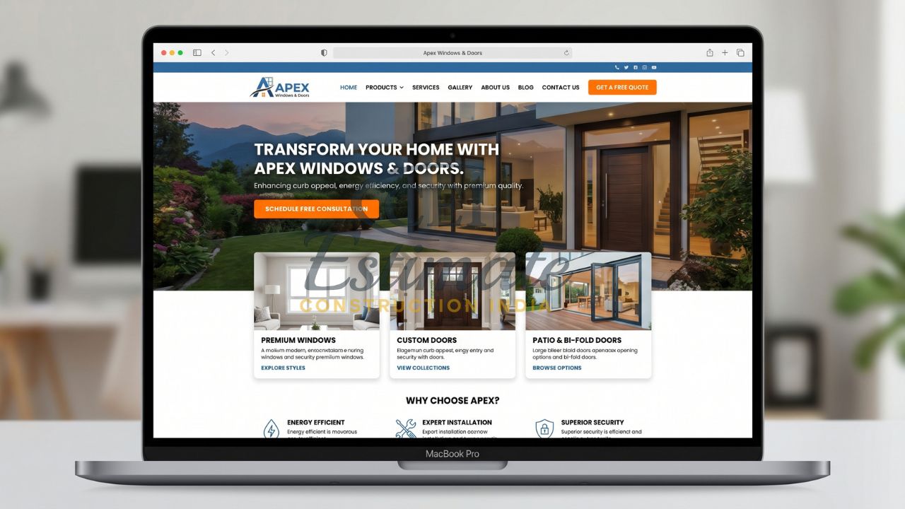 Windows and doors company website design with product showcase and call to action on homepage