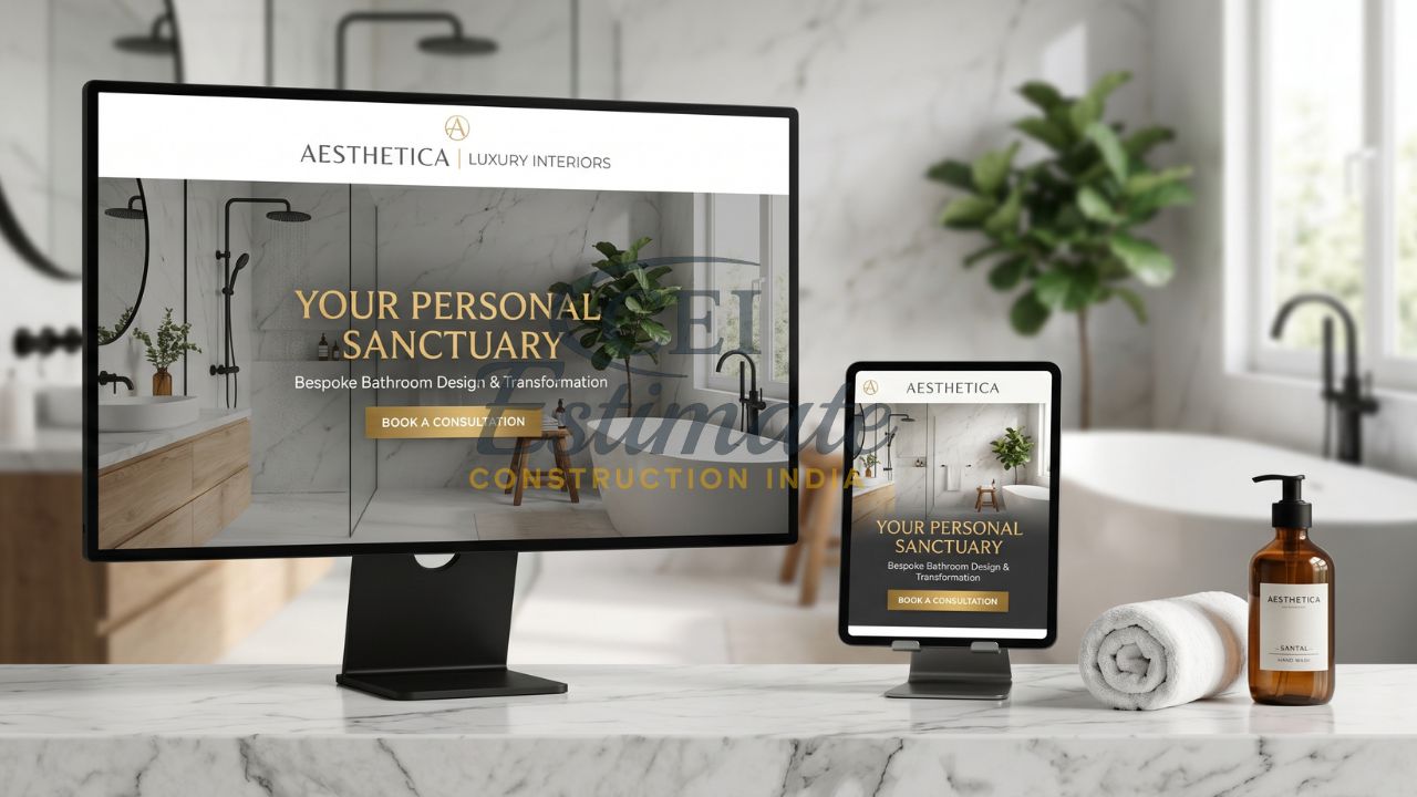 Luxury bathroom interior design website displayed on desktop and tablet with consultation call to action
