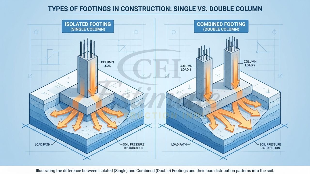 3D comparison of isolated footing and combined footing for residential buildings.