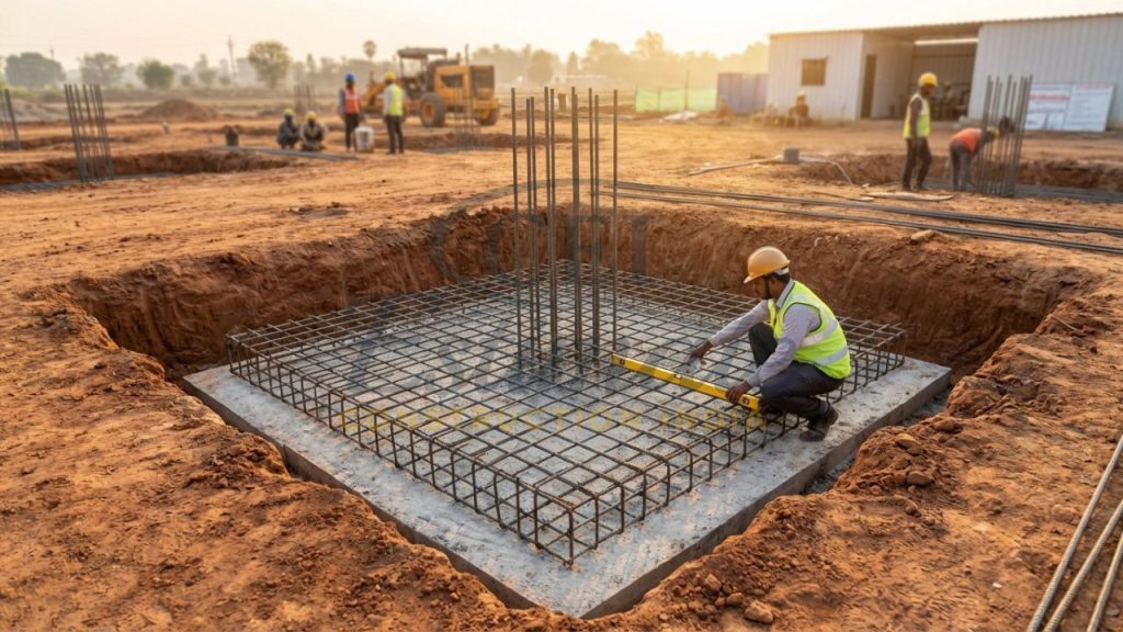 Structural footing construction in India 2026 showing PCC base, steel mesh, and column starters.