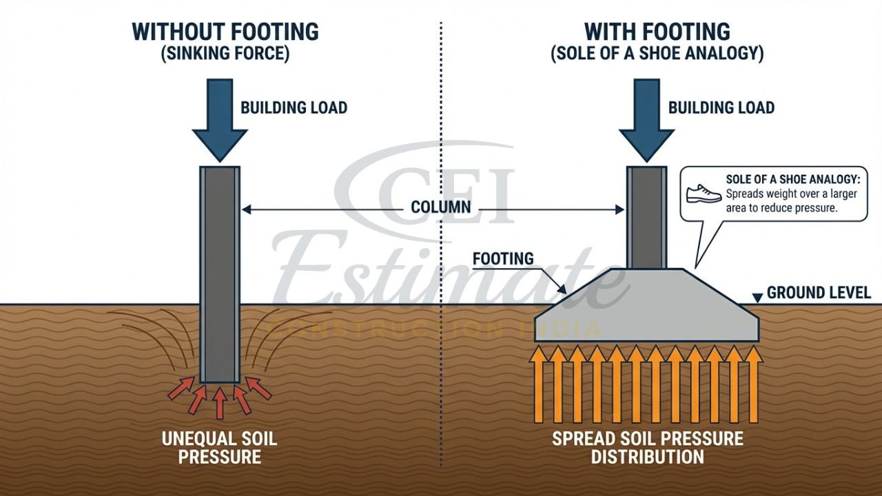 Technical diagram of load distribution from column to soil through a spread footing.
