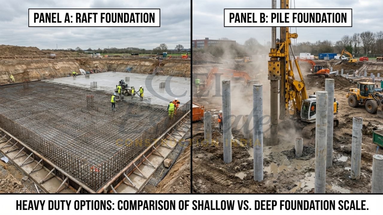 Comparison of raft foundation and deep pile foundation for weak soil conditions.