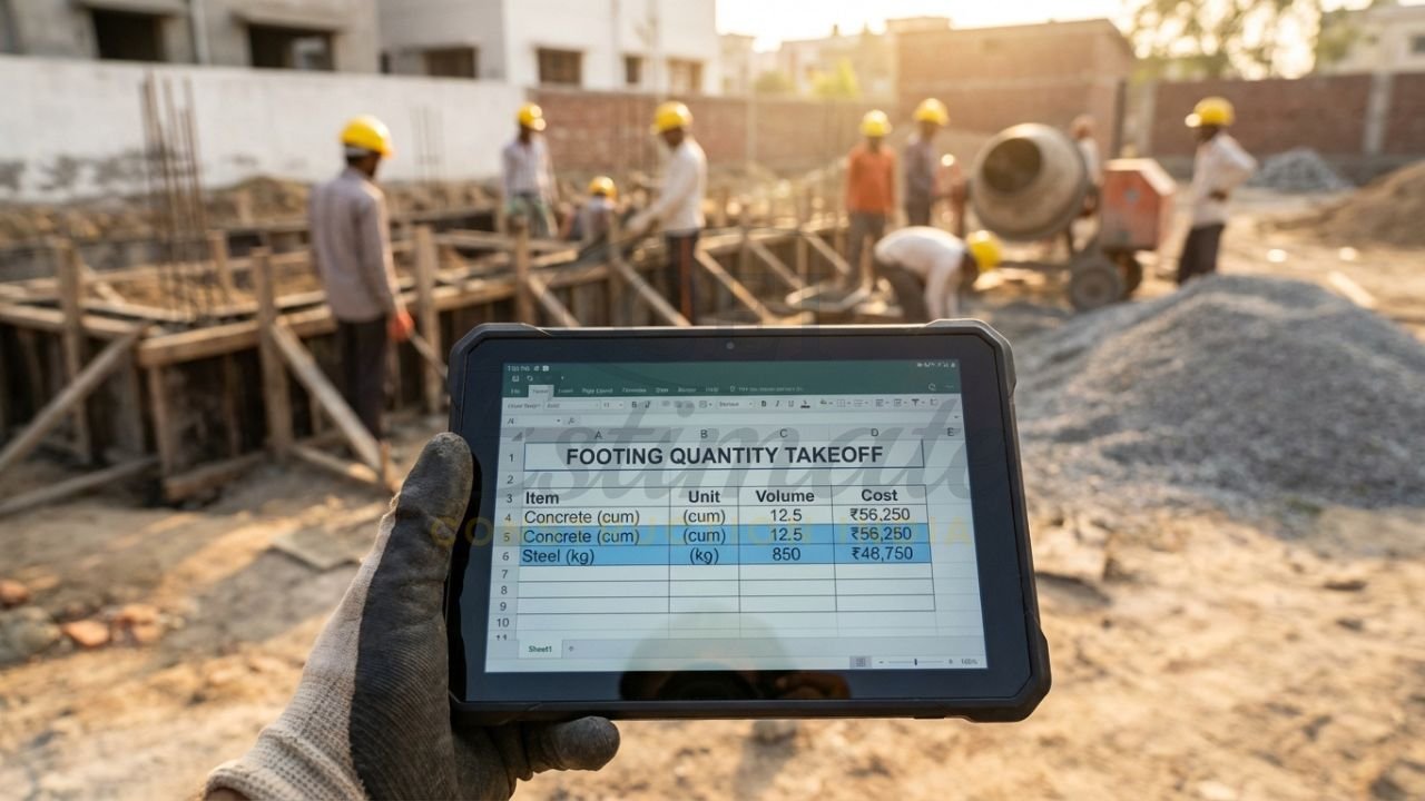 Digital quantity takeoff for footing concrete and steel reinforcement calculation.