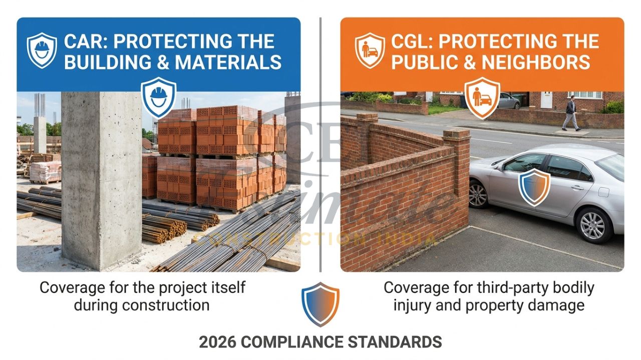 A split-screen comparison showing building structure protection (CAR) versus third-party property damage protection (CGL) on an Indian site.