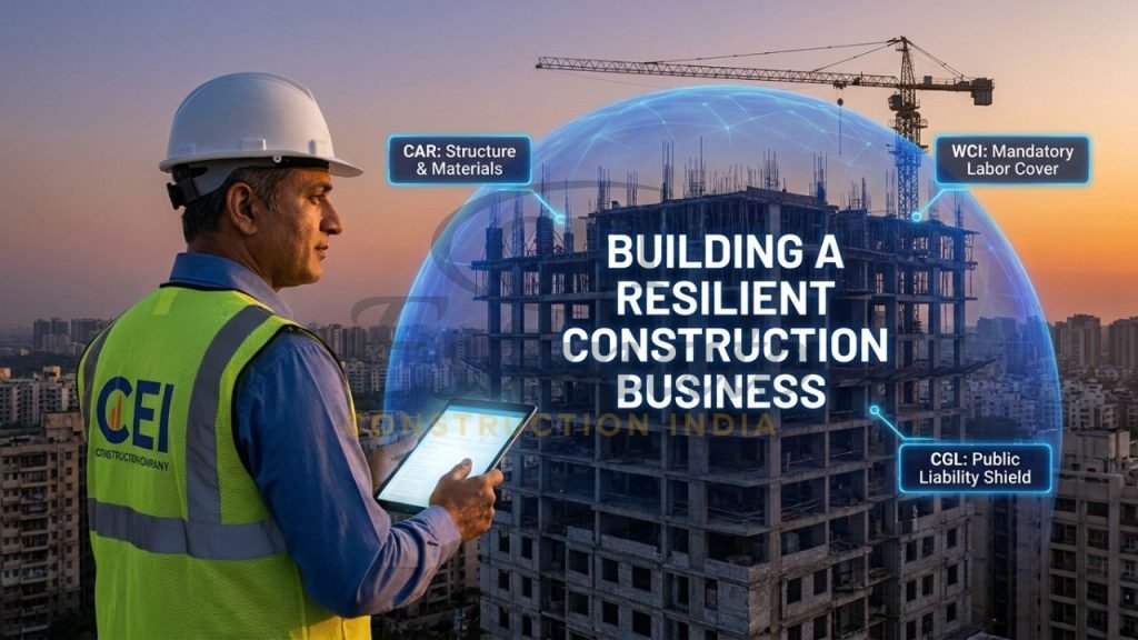 A professional visualization of a construction company owner in Meerut reviewing a multi-layered digital insurance shield over a residential project.
