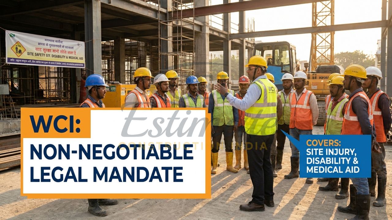 A safety officer conducting a briefing at a construction site in India with a prominent callout for WCI legal compliance.