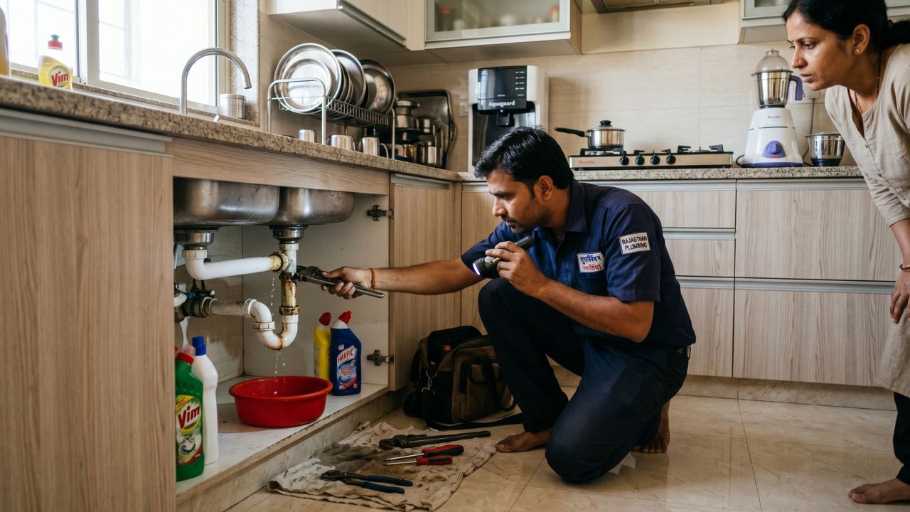plumber repairing water leak kitchen India home insurance plumbing damage claim