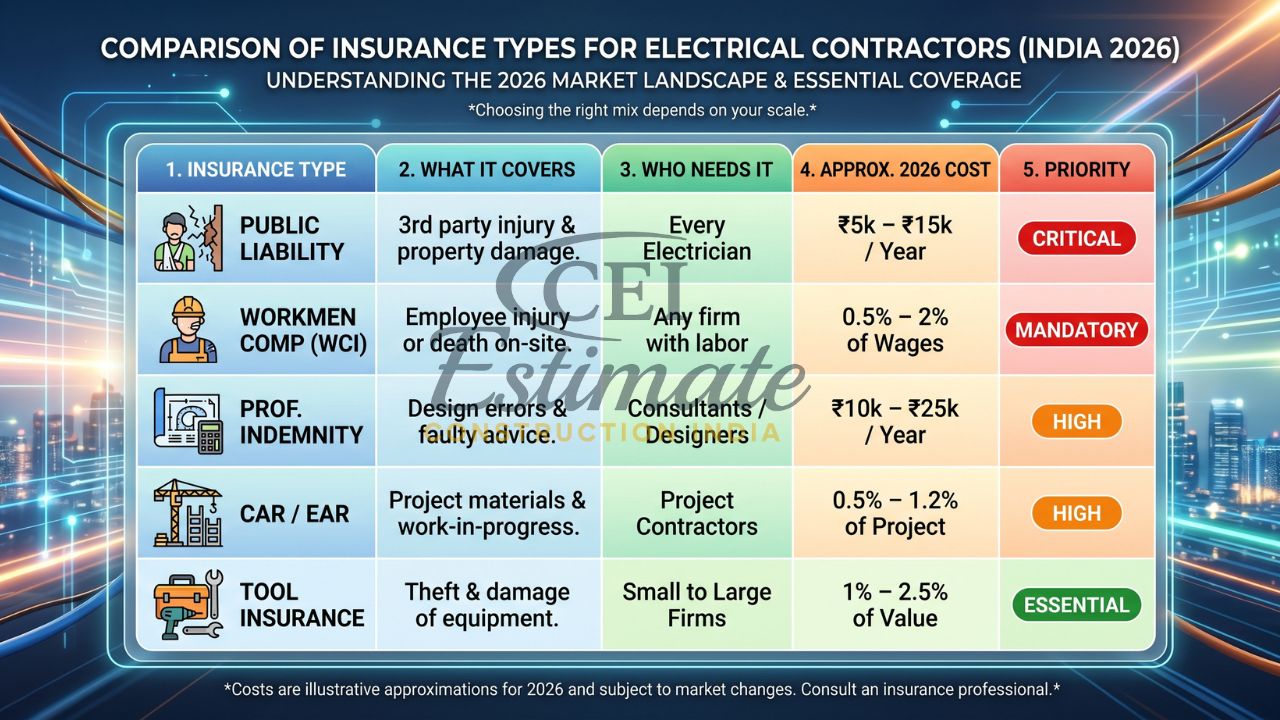Insurance types for electrical contractors in India showing public liability workmen compensation CAR and tool insurance cost comparison