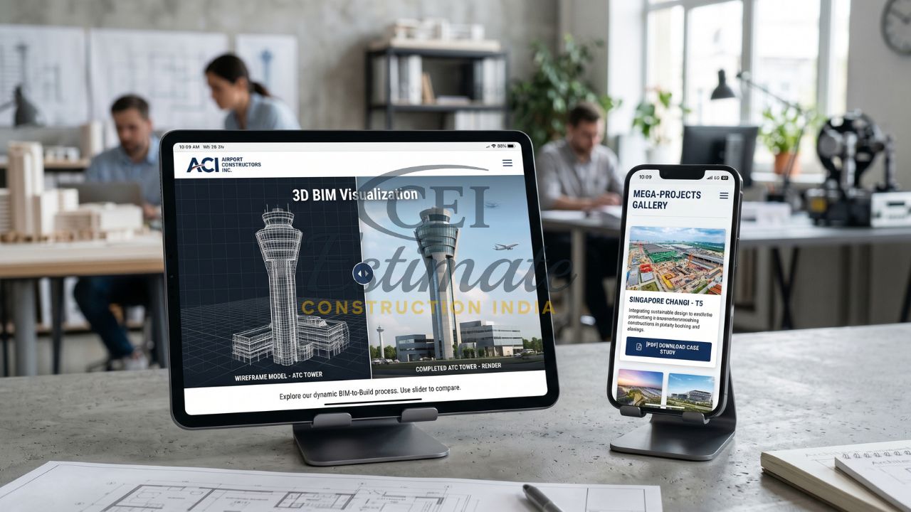 Airport construction website with 3D BIM visualization and project gallery displayed on tablet and mobile devices