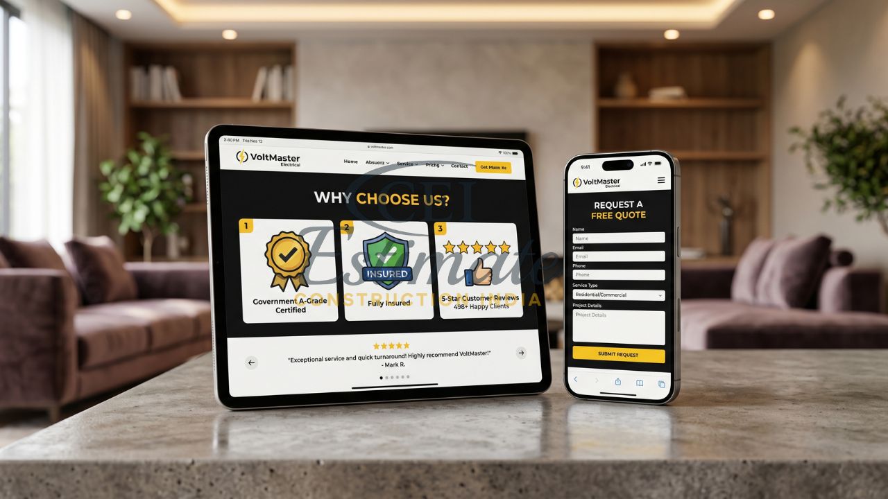 Electrical contractor website showing trust badges reviews and free quote form on tablet and mobile