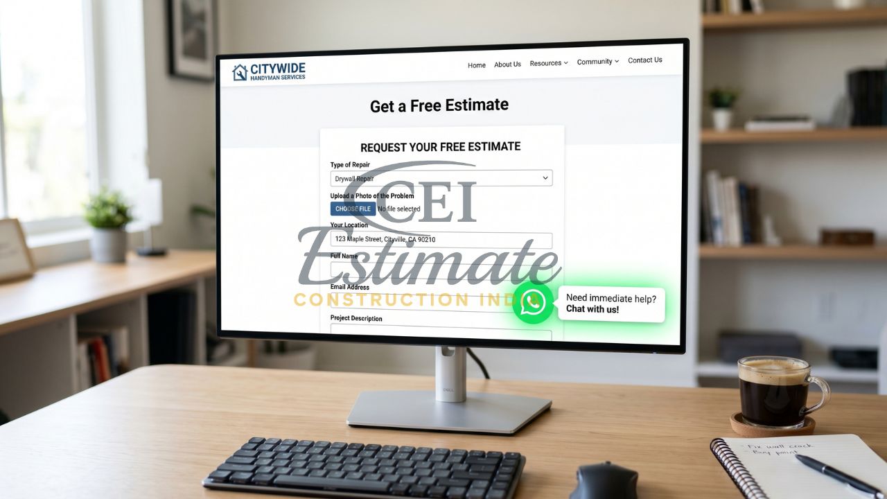 Handyman website get a free estimate form with repair type, photo upload, and contact details