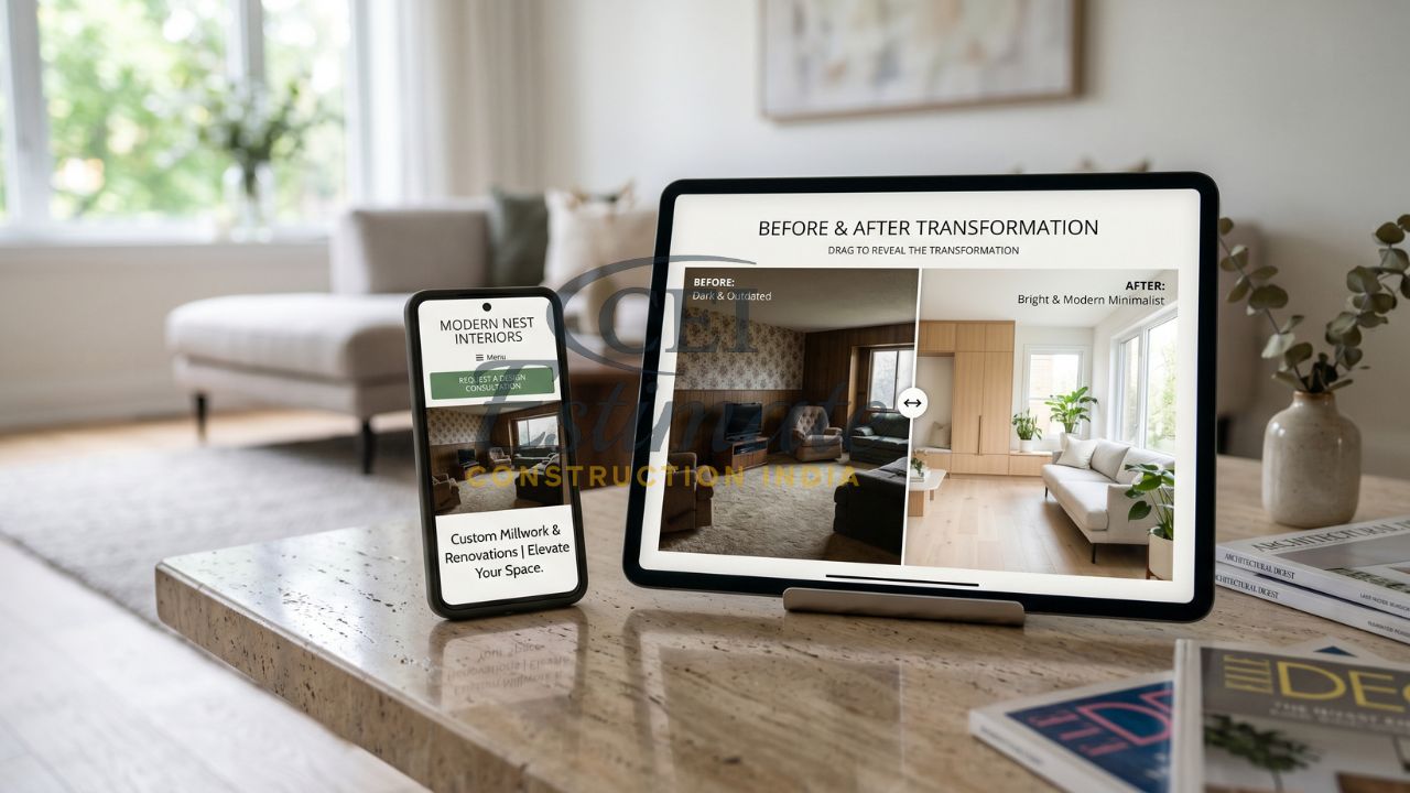Interior design website with before and after room transformation slider displayed on tablet and mobile devices