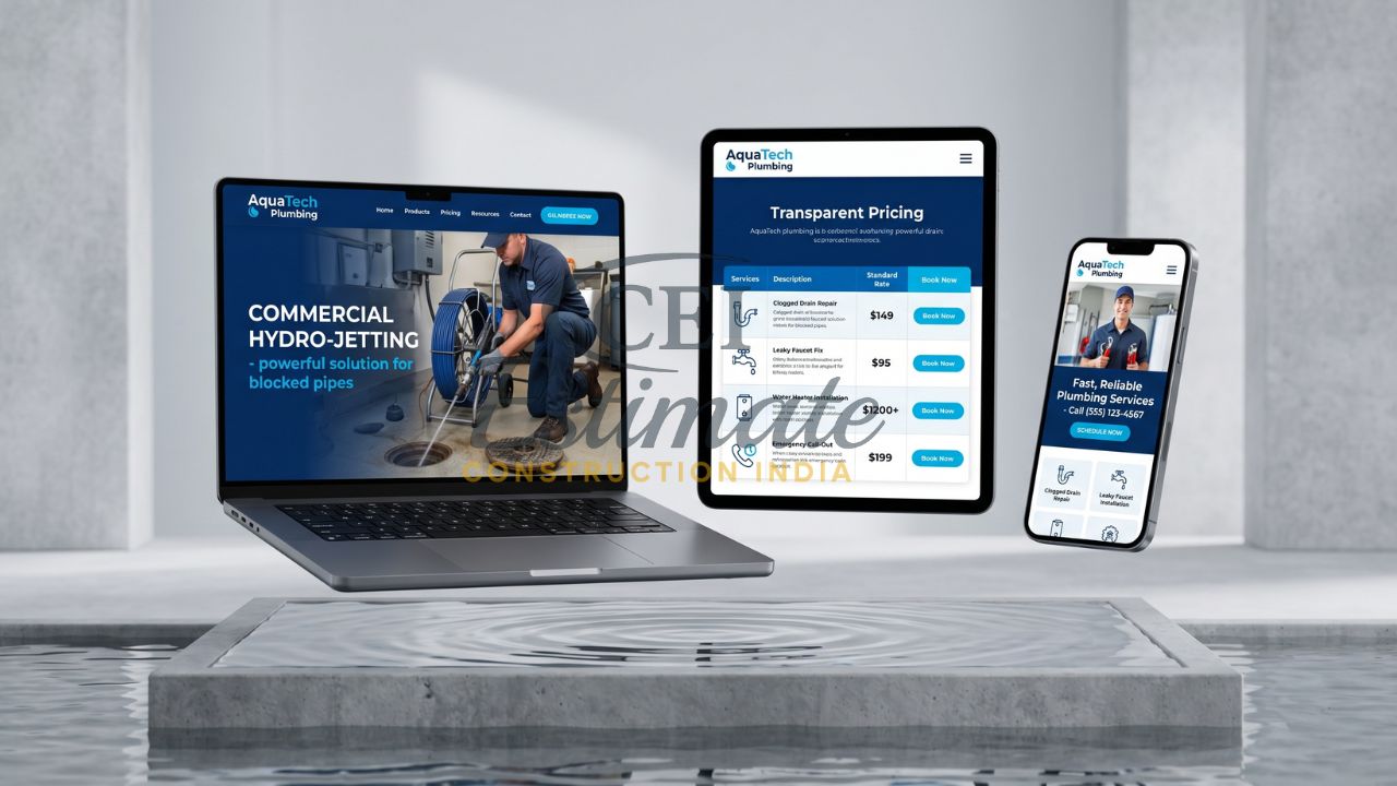 Commercial plumbing website design with hydro jetting service transparent pricing and booking system on desktop tablet and mobile