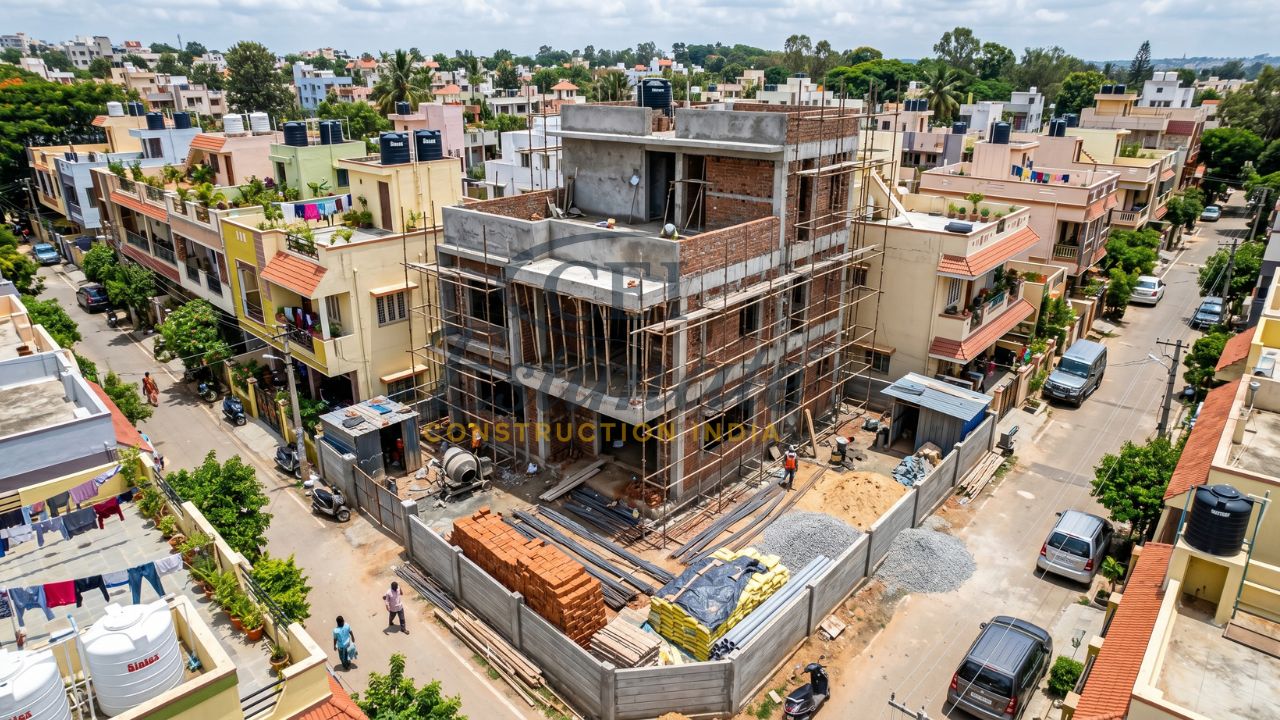 Residential building under construction in India showing scaffolding materials and neighborhood houses builders risk insurance concept