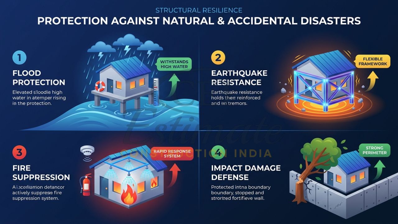 Infographic showing building insurance coverage for fire, earthquake, and monsoon flooding in India.