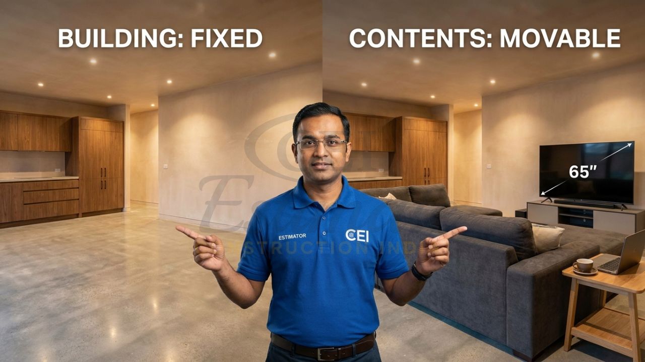 Comparison between building insurance focusing on walls and floors, and contents insurance focusing on furniture and electronics.