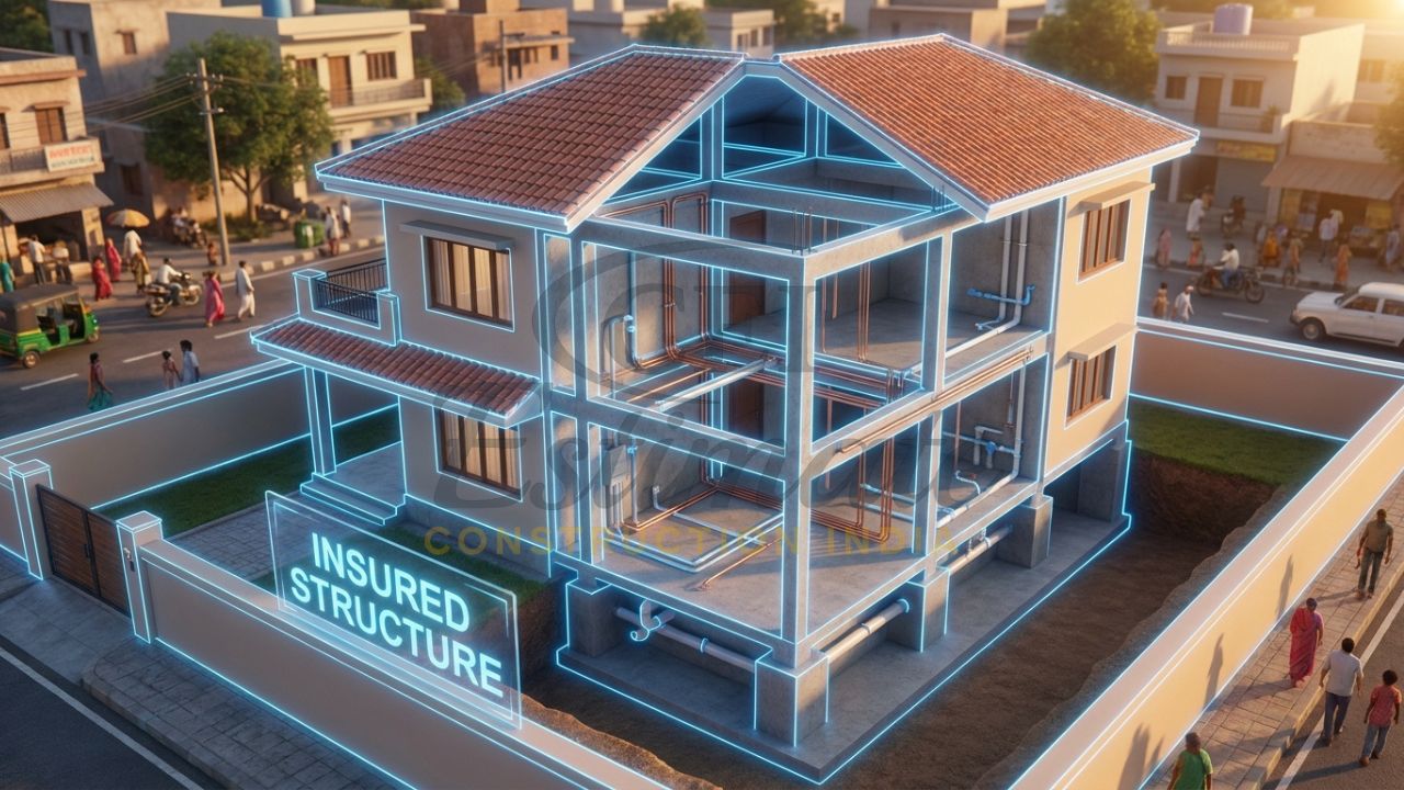 A photorealistic 3D cutaway of a modern Indian house highlighting foundation, pillars, and permanent fixtures covered by building insurance.