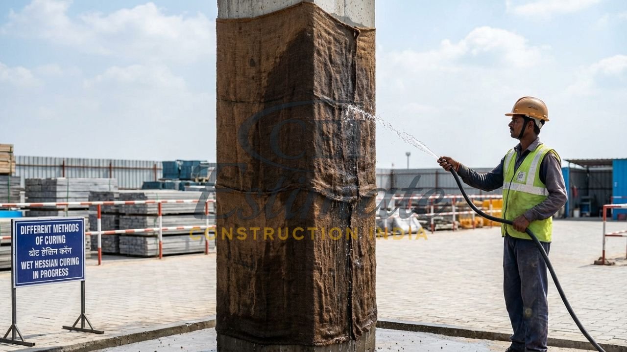 Vertical concrete column curing using wet hessian cloth and continuous water spraying.