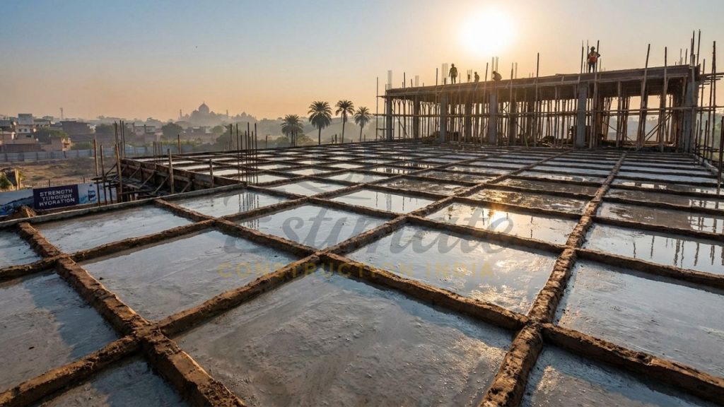 Ponding method for concrete curing on a residential RCC slab in India 2026.