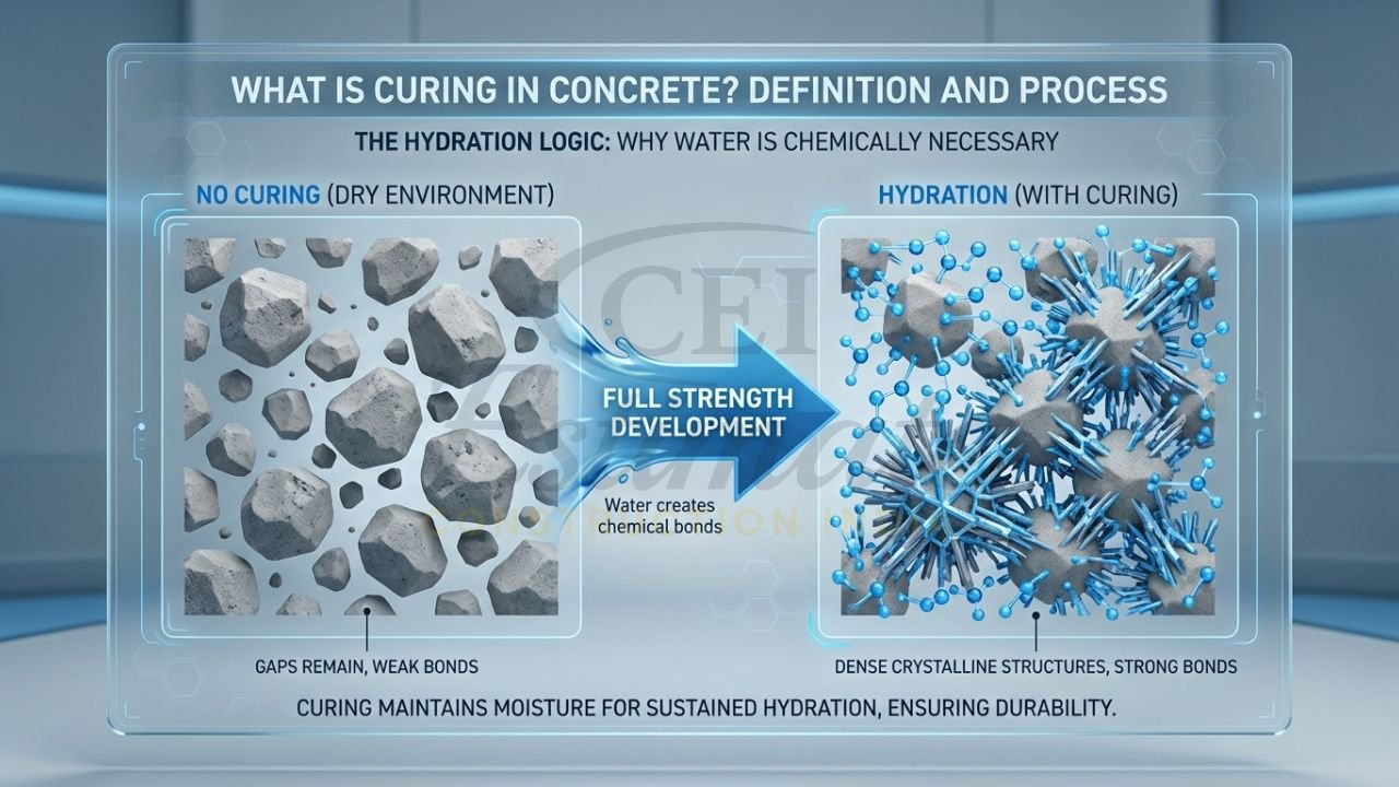 Microscopic infographic showing cement hydration process and the role of water in concrete strength.
