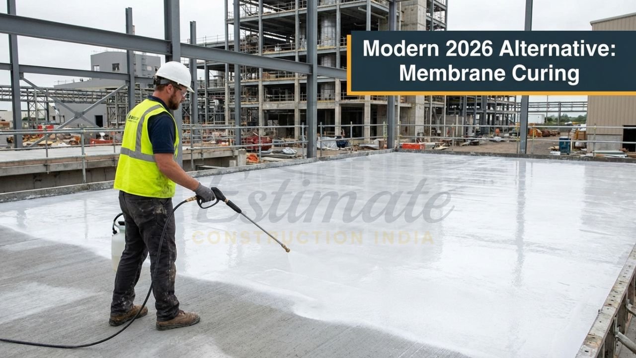Application of liquid membrane curing compound on a large concrete floor.