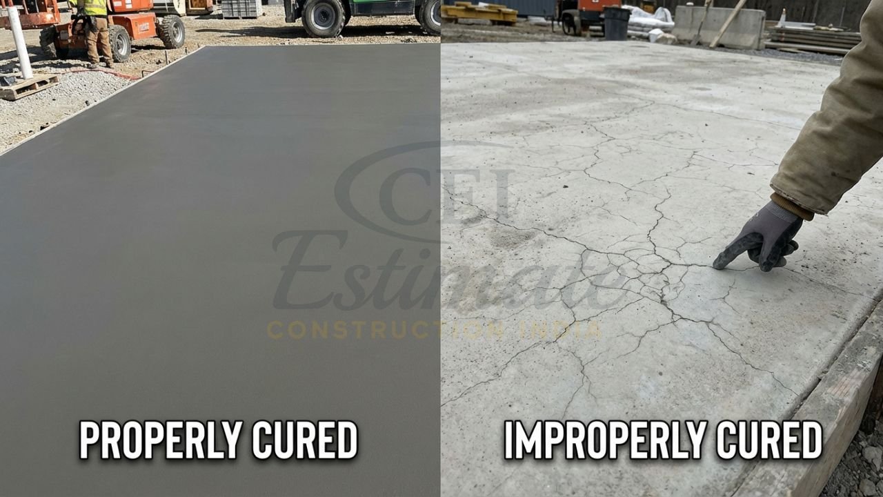 Comparison of well-cured concrete versus uncured concrete showing shrinkage cracks.