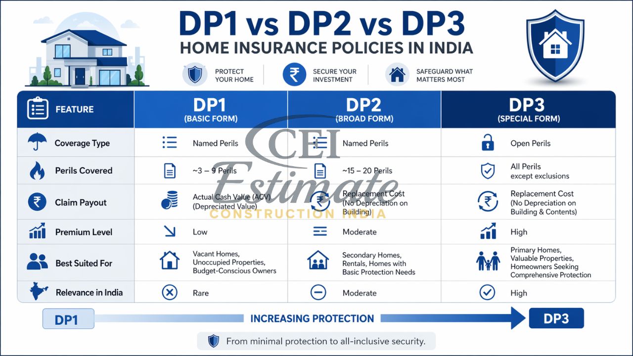 DP1 vs DP2 vs DP3 home insurance comparison India coverage payout premium differences
