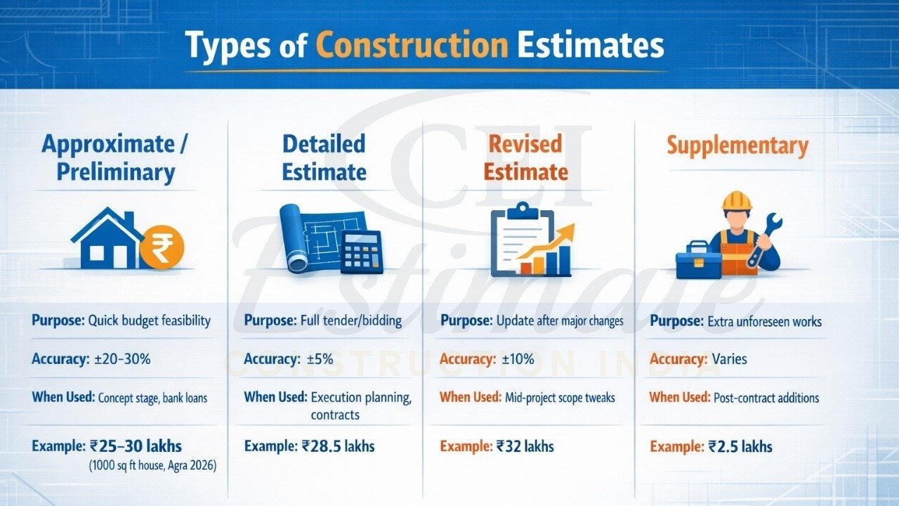 Types of estimation in civil engineering India 2026 comparison table
