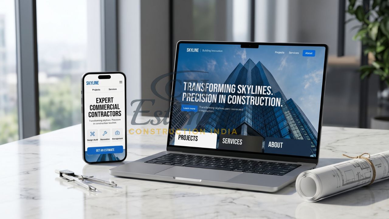 Commercial construction company website design displayed on laptop and mobile with services projects and estimate CTA
