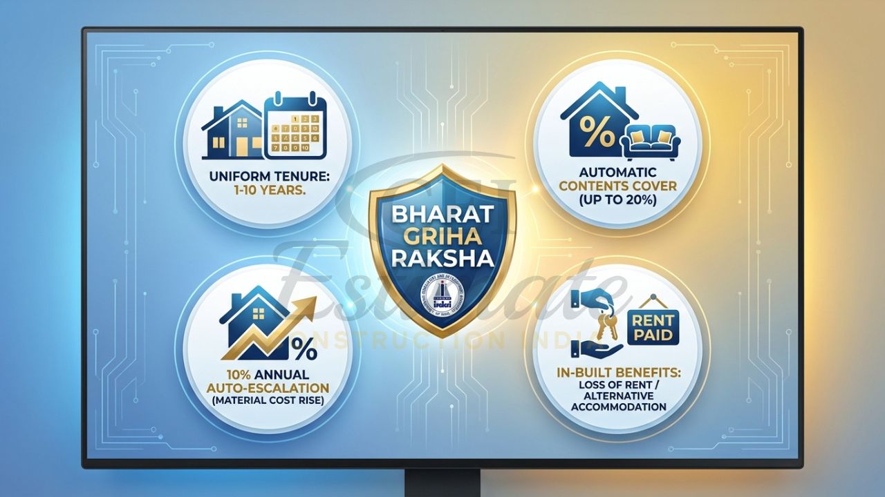 An infographic illustrating the mandatory benefits of the Bharat Griha Raksha standardized home insurance policy in India, including auto-escalation and contents cover.