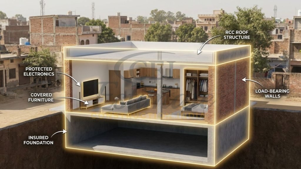 A 3D cutaway visualization of a modern Indian villa highlighting the foundation, walls, and interior assets covered by home insurance.