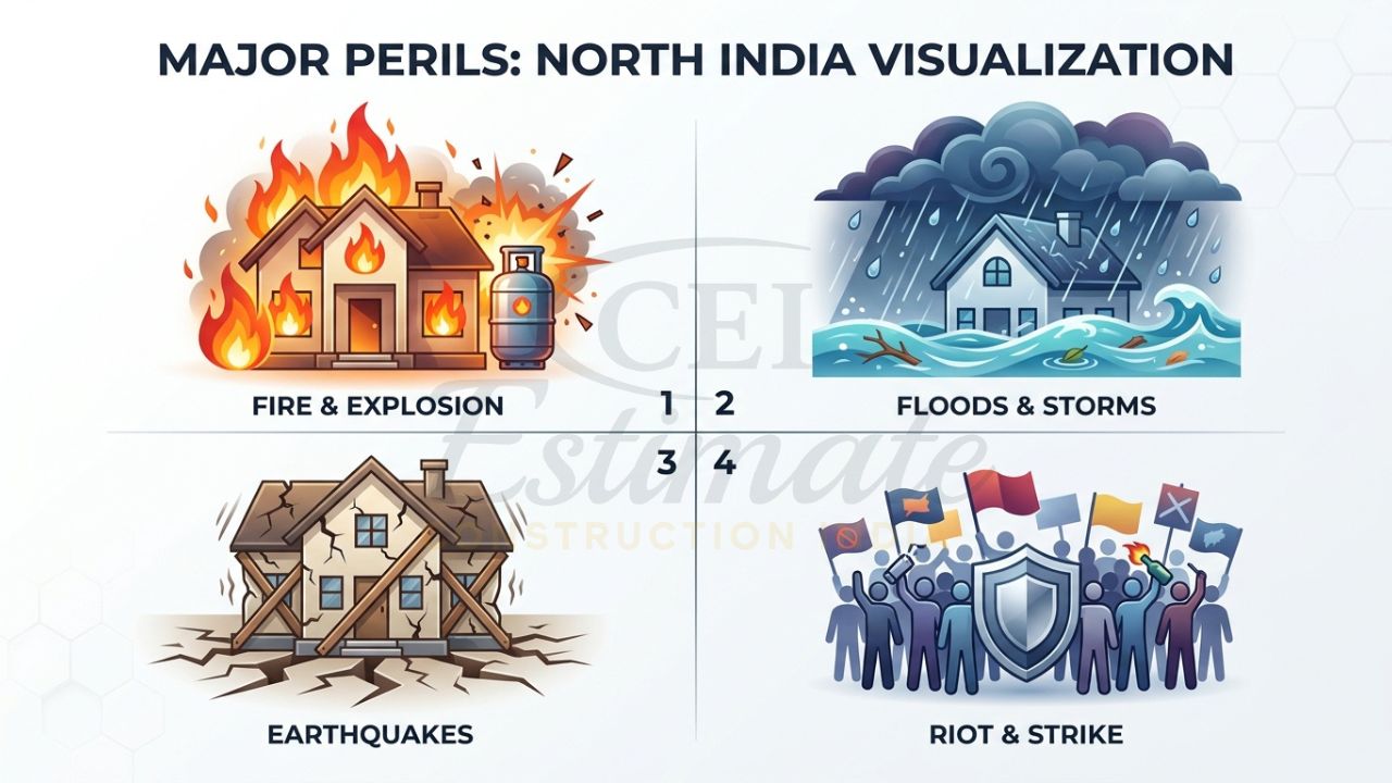 Infographic icons visualizing covered perils in India, including fire, flood (monsoon), and earthquake.