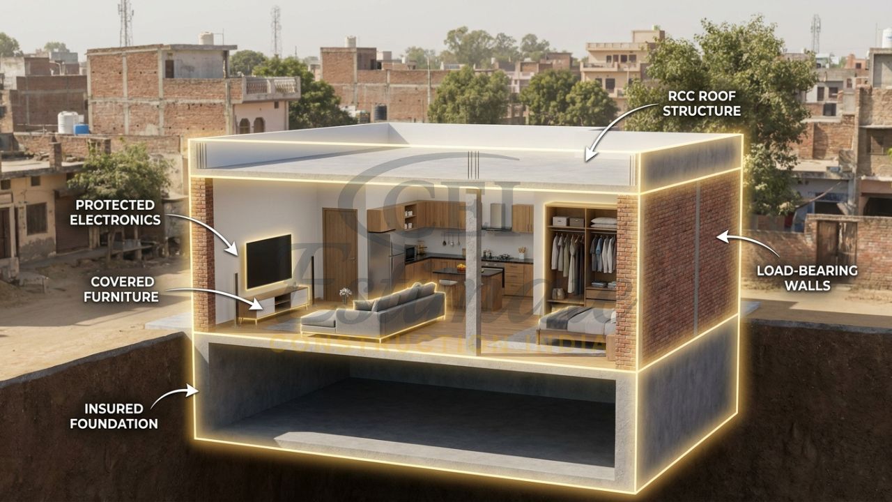 A 3D cutaway visualization of a modern Indian villa highlighting the foundation, walls, and interior assets covered by home insurance.