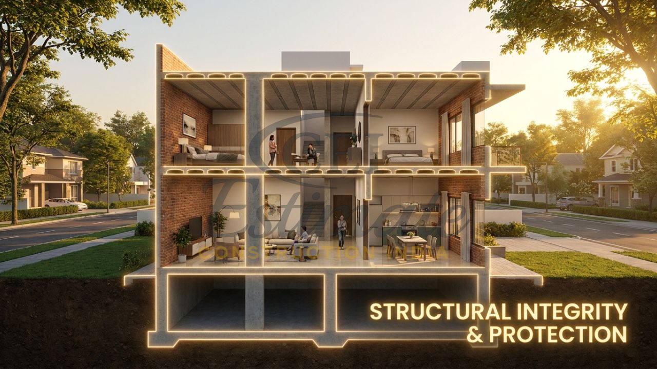 A conceptual diagram of a modern Indian home highlighting the foundation, walls, and roof as the "Insured Structure."