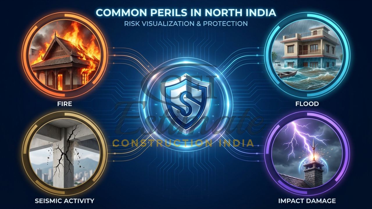 Infographic icons visualizing covered perils in India, including fire, flood, earthquake, and lightning.