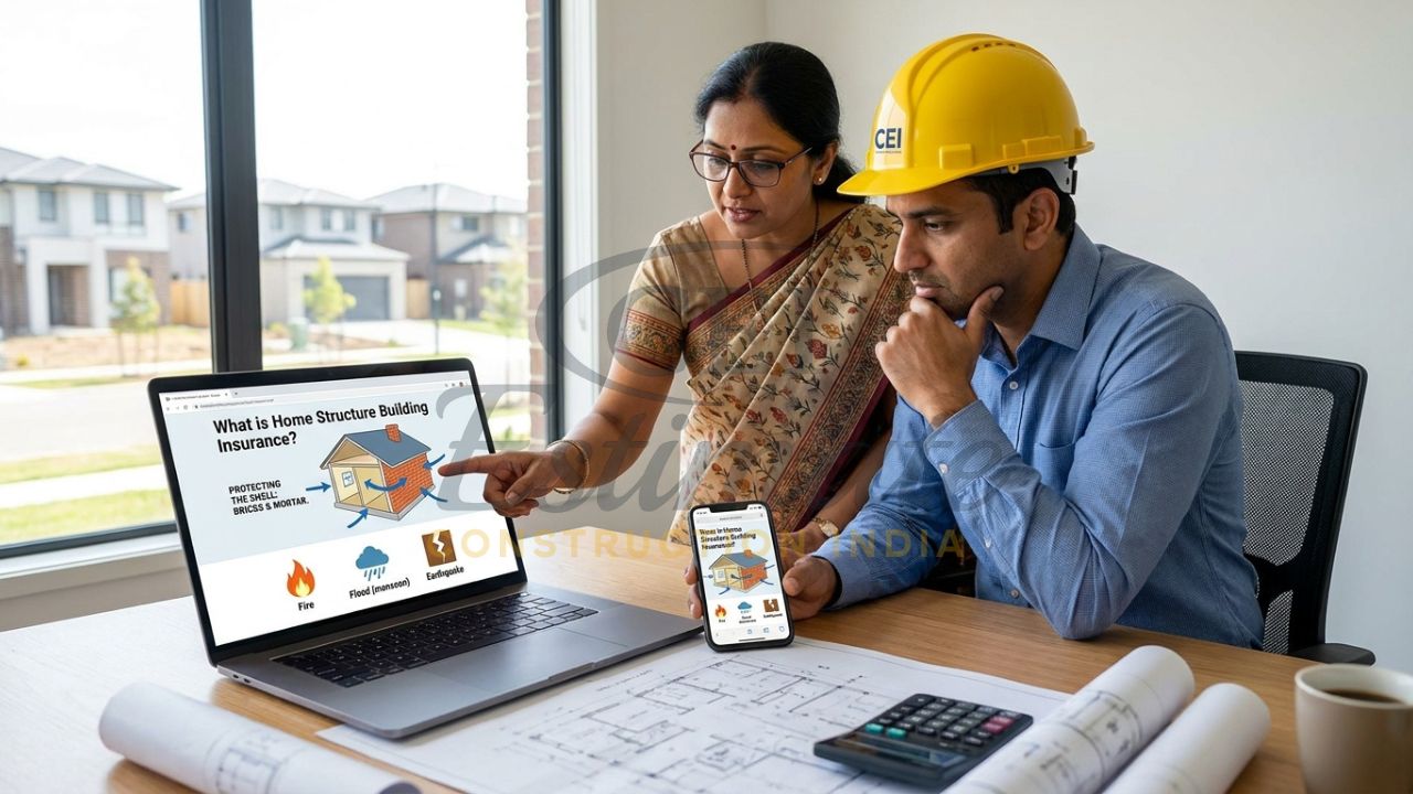 An Indian homeowner and construction professional review a digital guide on "What is Home Structure Building Insurance?" displaying covered perils like fire, flood, and earthquake.
