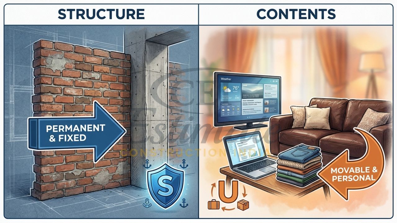 Visual comparison showing a sturdy house structure contrasted with movable home contents like electronics and furniture.
