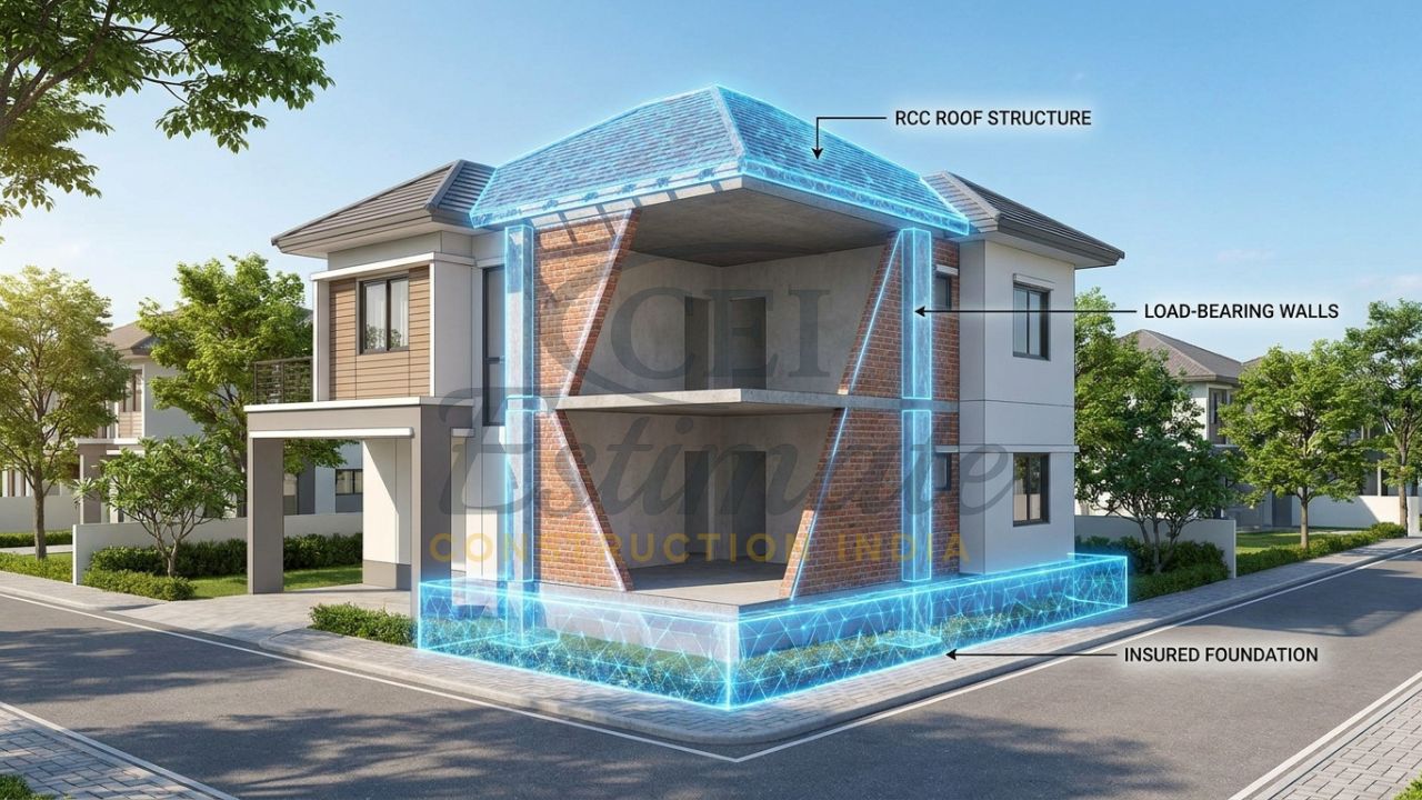 A photorealistic visualization of a modern Indian home in Meerut showing the insured building structure (foundation, walls, roof) protected by a translucent shield.