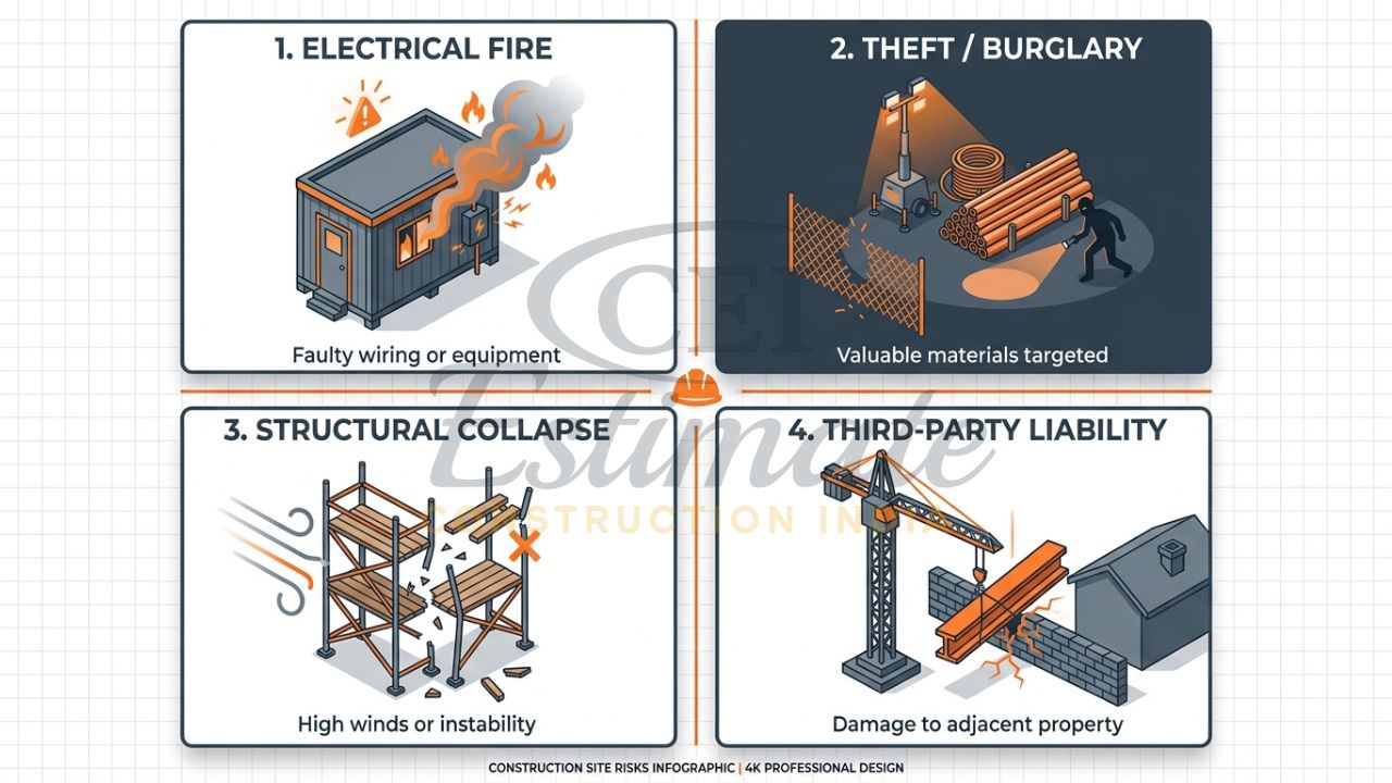Infographic showing coverage for construction site risks including fire, theft of materials, and structural collapse.