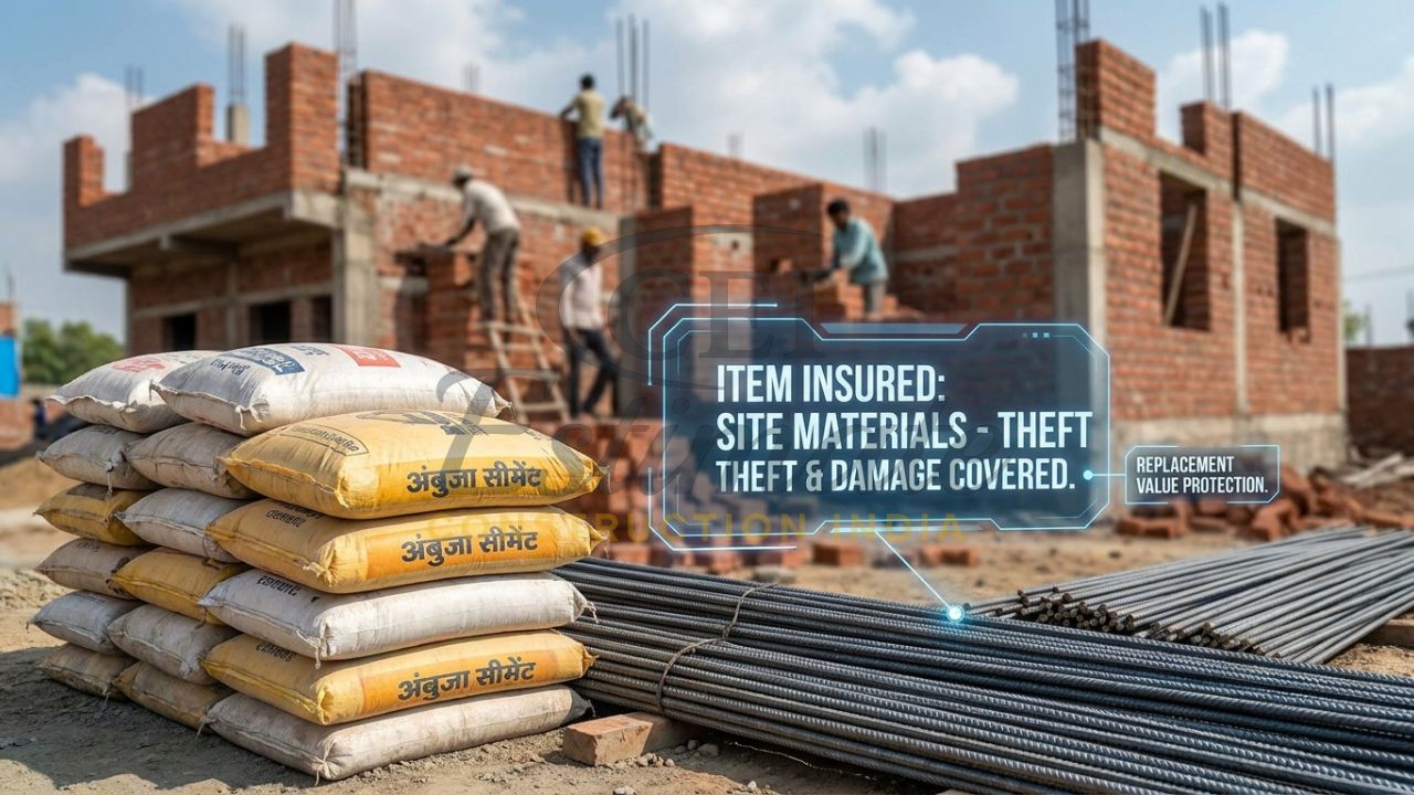 A close-up of high-quality TMT steel bars and cement bags on an Indian construction site with a digital "Insured" overlay.
