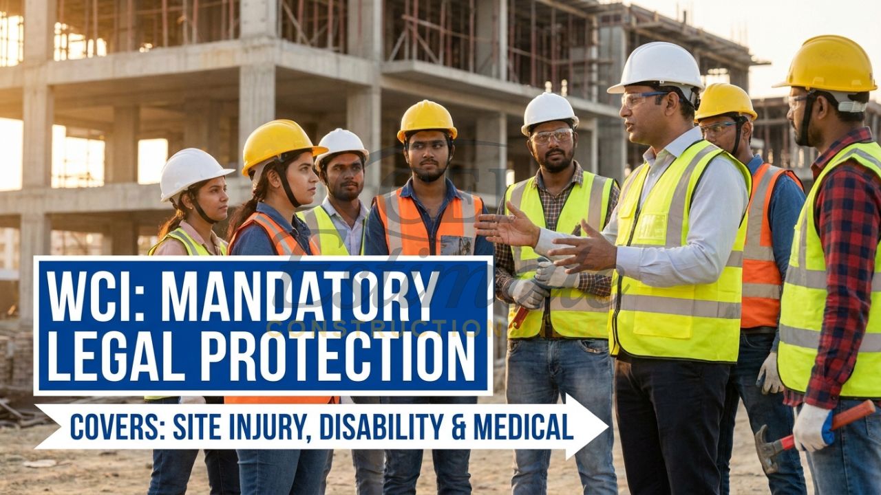 A contractor and a group of laborers on a site in Delhi-NCR with a prominent callout for Workmen Compensation insurance legal compliance.