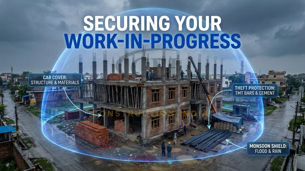 A photorealistic visualization of a three-story residential project in Meerut, India, protected by a translucent blue insurance shield during the monsoon.