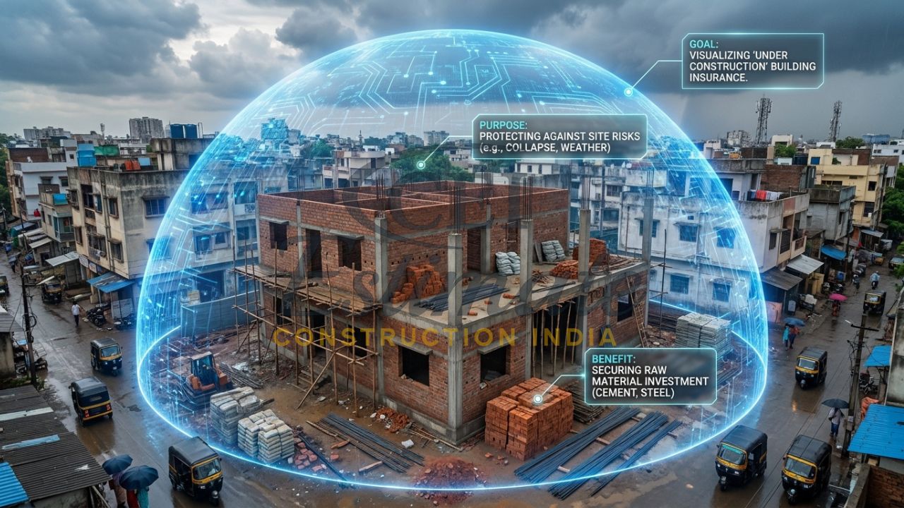 An infographic of a residential construction site in India protected by a blue insurance shield, with callouts explaining site risk protection and raw material security.