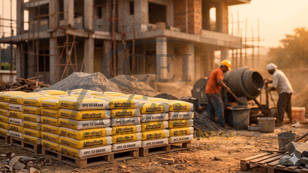 Cement bags stacked at construction site with concrete mixing work in progress