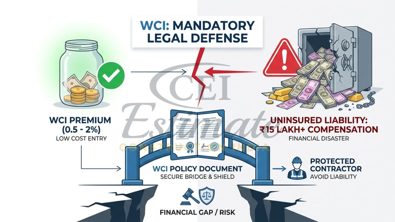 An infographic comparing the low cost of a Workmen Compensation premium with the high cost of a site accident payout in India.